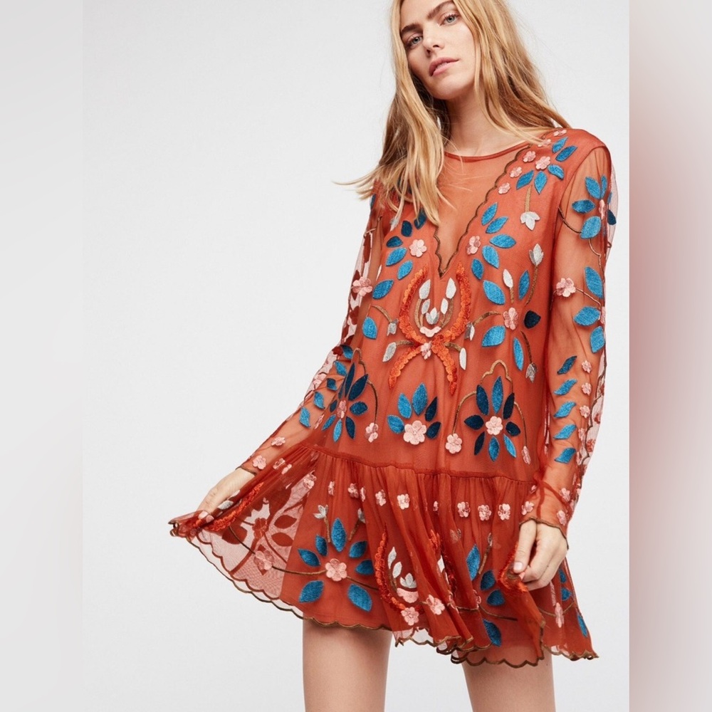 Free People Hearts Are Wild Embroidered Tulle Dress in Rust - Small.